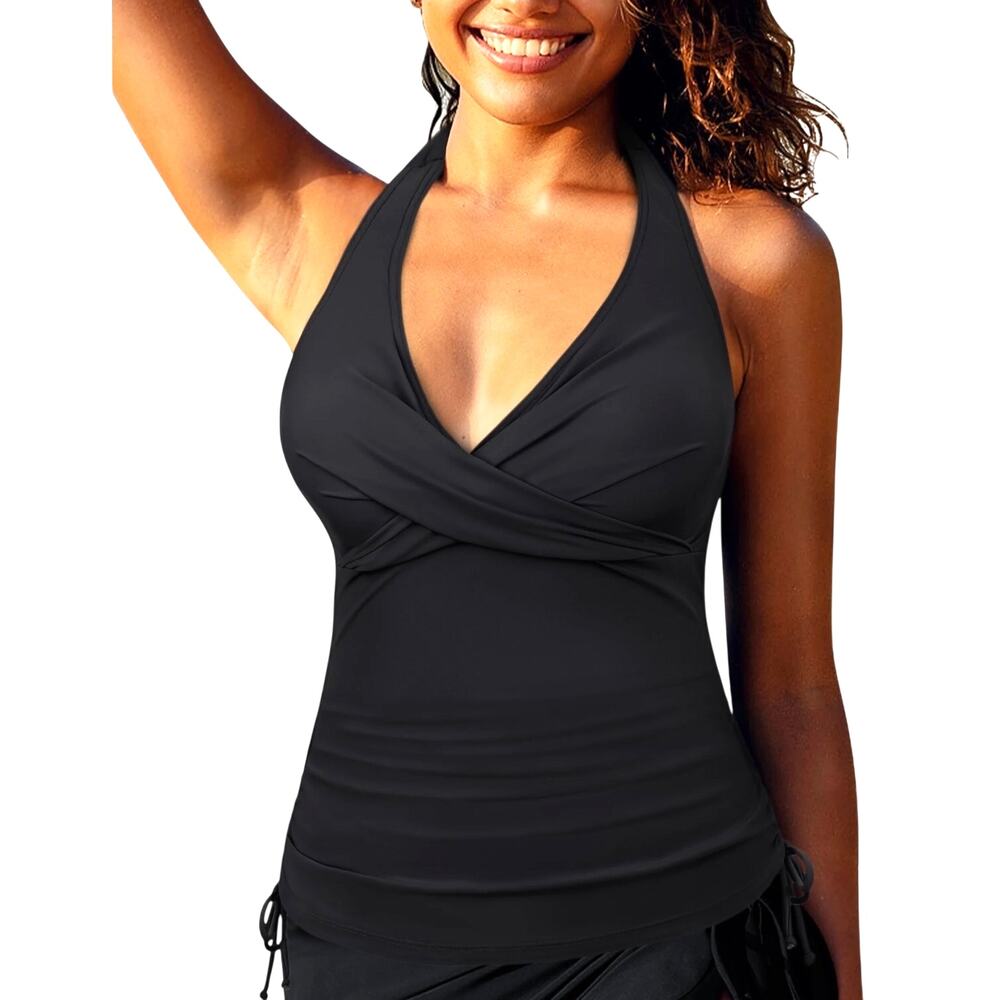 Hilor Woman's Halter Tankini Top Front Twist Ruched Black Tummy Control Size 8
